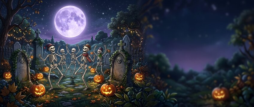 Festive Skeletons Dancing Under a Full Moon in a Spooky Graveyard with Glowing Jack O Lanterns.
