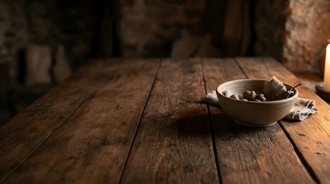 Rustic wooden table with a bowl of nuts inside a dimly lit cellar.