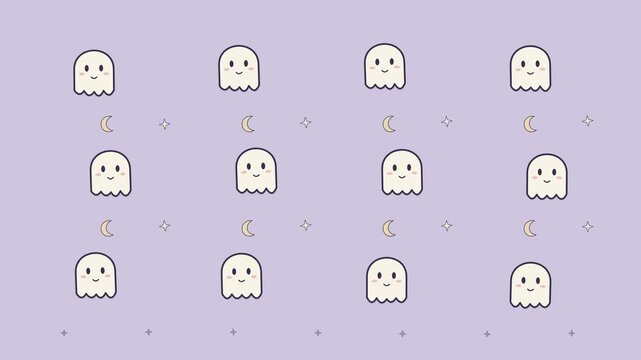 Friendly ghost wave seamless loop with cute floating ghosts, pastel Halloween colors and playful movement, charming motion background for kids parties, seasonal promos and festive digital design