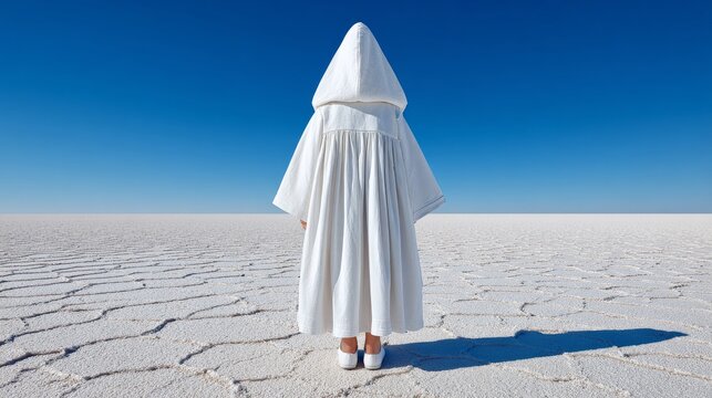 A person in a white hooded cloak stands facing away on a vast, cracked salt flat under a clear blue sky.   