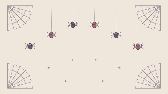 Velvet spiderweb frame seamless loop with crawling spiders, delicate corner webs and elegant neutral Halloween styling, decorative motion background for invitations, promos and seasonal design