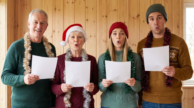 Four Diverse Family Members Singing Christmas Carols Together While Holding Song Lyric Sheets Indoors