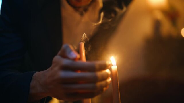 Hand extinguishing candle flame close up. Smoke rising romantic dinner home.