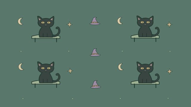 Black cat midnight charms seamless loop with witch hats, crescent moons and mysterious black cats on a muted night palette, cute Halloween motion background for parties, promos and seasonal design