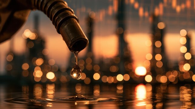 Close-up gas nozzle, oil drop catching light, refinery background, market chart
