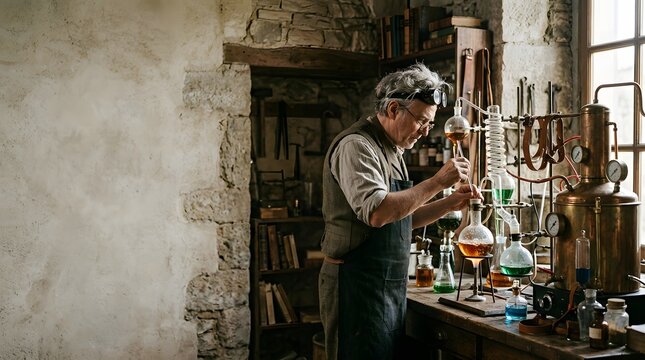 A dedicated alchemist focused on his intricate brewing process in a rustic, vintage-style laboratory.