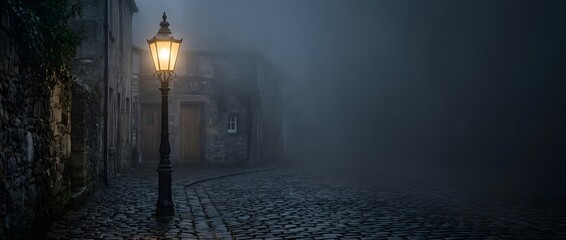 Fototapeta premium Victorian cobblestone street lit by a glowing gas lamp on a foggy night.