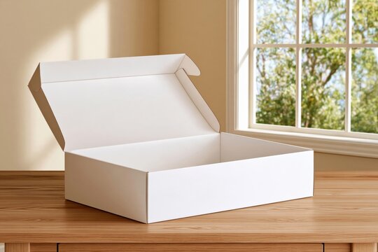 Open white cardboard box on wooden table near window with natural daylight and green trees visible outside