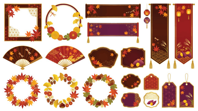 Japanese autumn vector frame and banner set with maple leaves, wreaths, folding fans, hanging scrolls, and traditional labels.