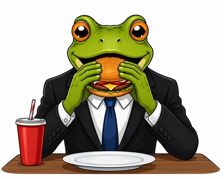 A cartoon frog businessman eating a delicious cheeseburger and drinking soda at a table.