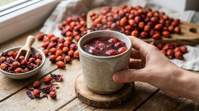 Hand holding a cup of hot rosehip tea surrounded by fresh and dried rosehips on a rustic wooden table