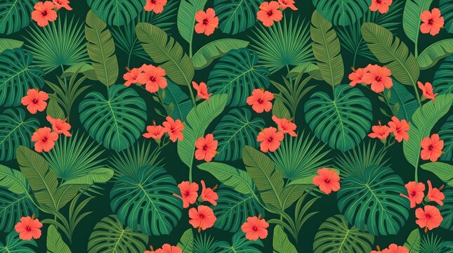 Tropical pattern with monstera leaves and hibiscus flowers tropical hibiscus botanical monstera seamless background illustration wallpaper