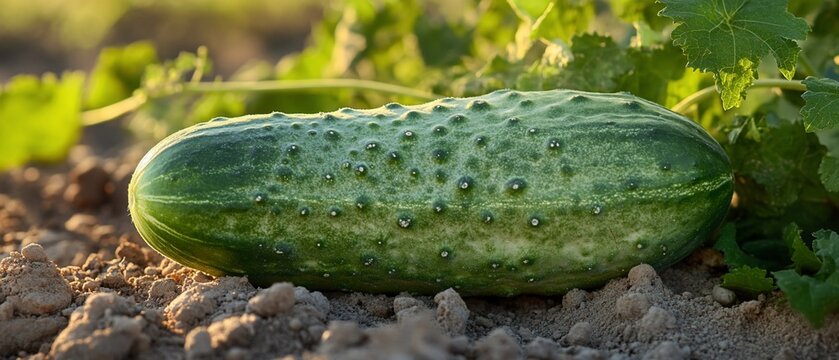 Green cucumber lies in garden soil with blurred foliage background