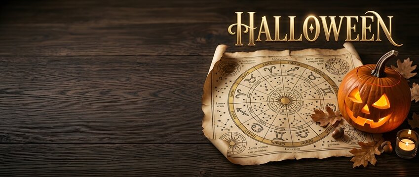 A spooky Halloween background featuring a carved pumpkin, a magical parchment, and glowing candles on a dark wooden table.