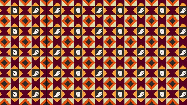 Halloween Seamless Geometric Pattern Background Video 4k with Cute White Ghosts Orange and Purple Mosaic Squares