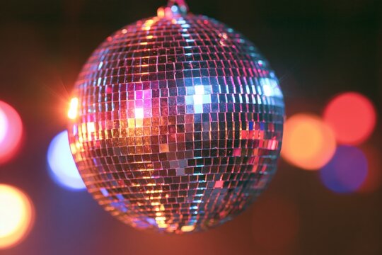 Faceted mirrored disco ball suspended in air reflecting magenta cyan and golden light against dark background with colorful bokeh circles behind