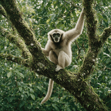 White-Handed Gibbon (Hylobates lar) Perched in Rainforest Canopy  