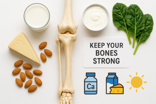 Bone health nutrition concept with anatomical model surrounded by calcium rich foods including milk cheese yogurt almonds and leafy greens promoting strong bones with supplement and sunlight icons