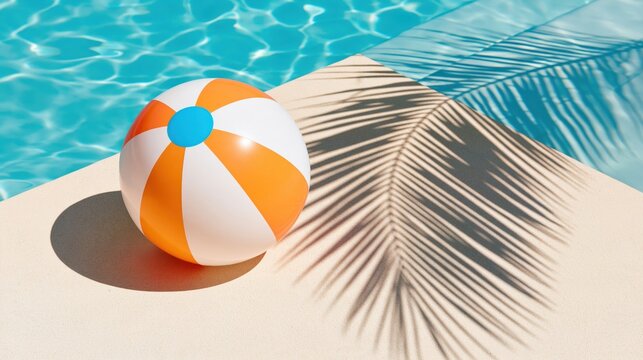 Orange and white beach ball beside turquoise pool water with palm leaf shadow on sandy edge