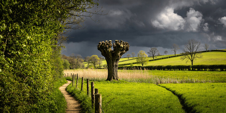 Rural Walking Path Along a Wooden Fence with a Pollard Tree Beneath Dark Storm Clouds