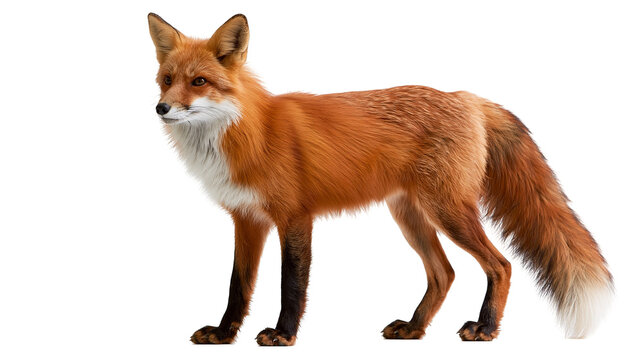 Full body side view of a standing red fox with thick orange fur and white chest