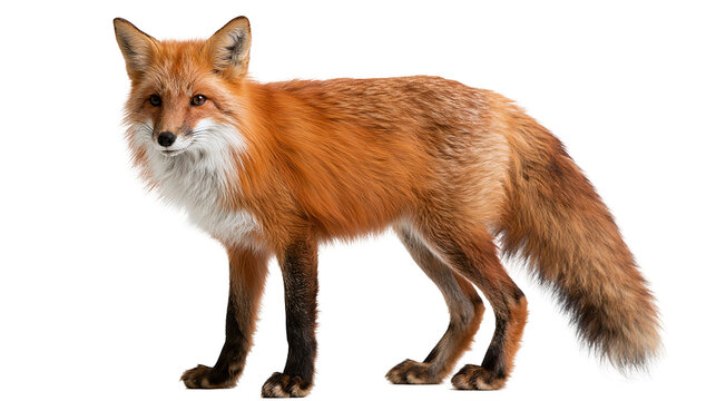 Full body side view of a standing red fox with thick orange fur and white chest