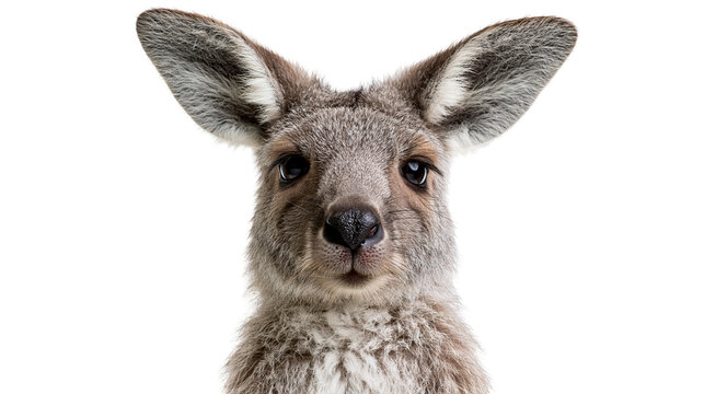 Close up portrait of a young kangaroo with large ears and soft grey fur