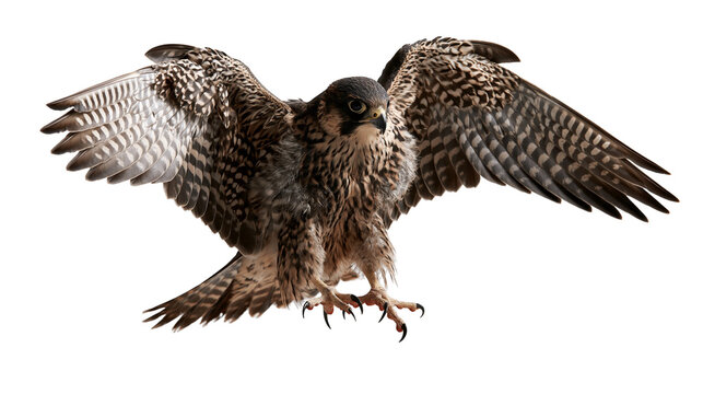 Peregrine falcon landing with wings spread wide and sharp talons extended