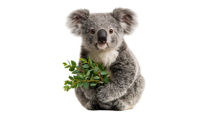 Fluffy grey koala bear sitting and holding fresh green eucalyptus leaves © Peregrine
