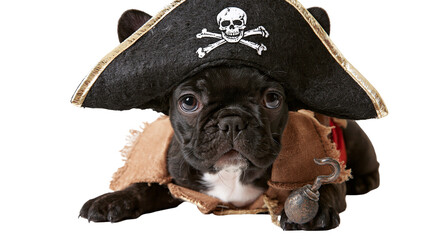 Fototapeta premium Black French Bulldog puppy wearing a pirate hat with skull and crossbones
