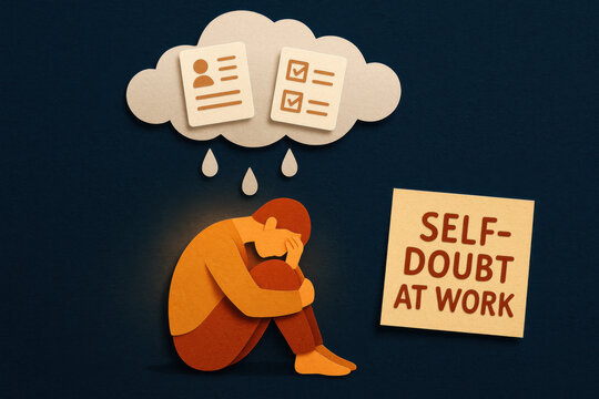 Person curled beneath cloud dropping resume and checklist icons with self doubt at work sticky note, soft amber glow and deep navy textured background