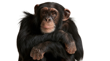 Portrait of a contemplative chimpanzee with black fur and expressive brown eyes © Peregrine