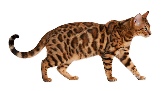 Bengal cat with brown spotted fur walking in profile view