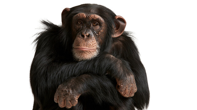 Portrait of a contemplative chimpanzee with black fur and expressive brown eyes
