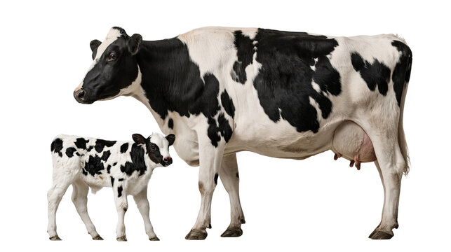 Black and white Holstein cow standing with a small spotted calf