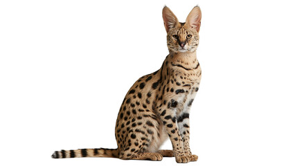 Spotted serval cat sitting upright with large ears and alert expression © Peregrine