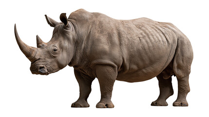 Fototapeta premium Large adult white rhinoceros standing in profile with thick grey wrinkled skin