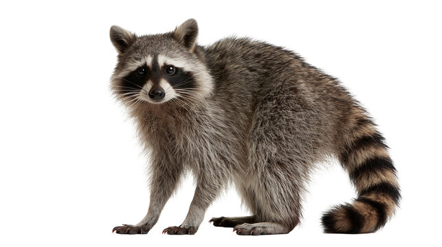 Full body portrait of a standing North American raccoon with striped tail