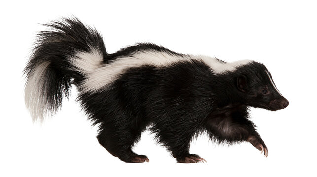 Striped skunk walking with bushy tail and black and white fur