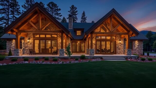 Rustic Luxury Lodge House Glowing at Twilight in Pine Forest Mountain Landscape