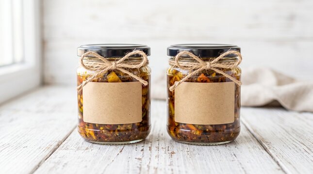 Two glass jars filled with homemade preserves and blank labels on a rustic white wooden table.