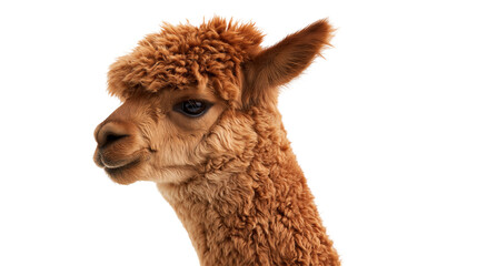 Brown fluffy alpaca head with curly wool and expressive dark eyes © Peregrine
