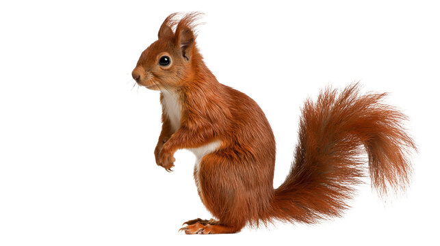 Red squirrel standing upright with fluffy tail and alert expression