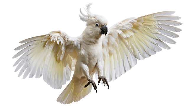 White umbrella cockatoo with spread wings in flight