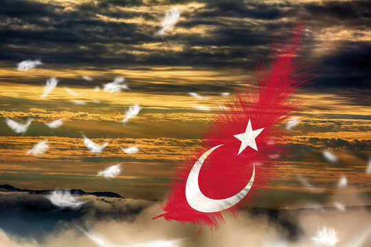 3D illustration. Flag of Turkiye on a feathers fluttering in the sky background.