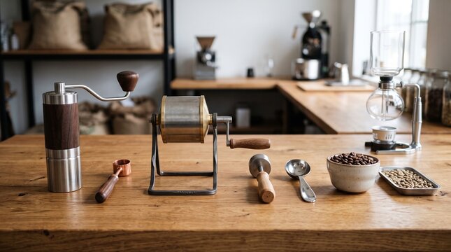 Hand operated coffee processing machines and measuring utensils arranged across a wooden table inside a welcoming artisan workspace  within a productive and carefully managed agricultural setting