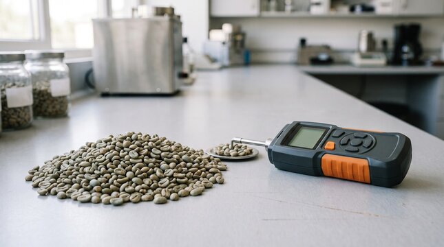 A pile of raw green coffee beans beside a handheld digital moisture meter on a white workbench in a bright quality control laboratory  within a productive and carefully managed agricultural setting
