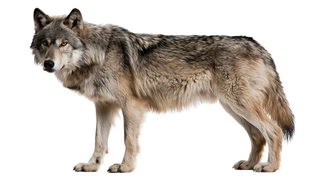 Grey wolf standing in profile with thick fur and alert yellow eyes
