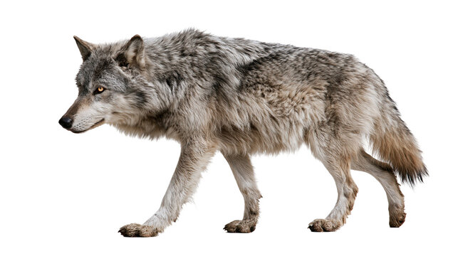 Grey wolf walking with thick fur and alert amber eyes