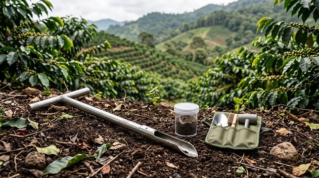A metal soil sampling probe and collection containers resting on fertile earth among coffee shrubs in a mountainous tropical plantation  within a productive and carefully managed agricultural setting